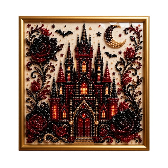 Halloween Pearl Diamond Art DIY Kit, Gothic Haunted Castle Diamond Bead Painting Kit for Adults, Handmade Pearl Dot Craft Halloween Wall Art Decor