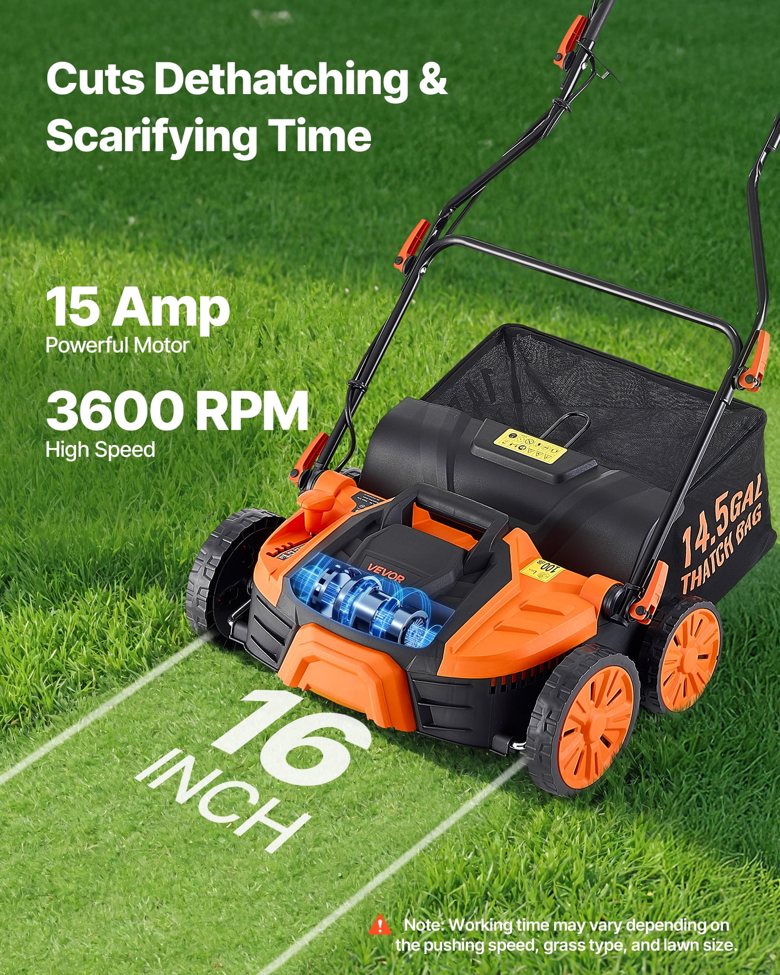 VEVOR 2-in-1 Electric Dethatcher and Scarifier, 16-Inch 15 Amp, Corded Lawn Dethatcher with 14.5-Gallon Thatch Collection Bag, 5-Position Depth Adjustment, Walk Behind Machine for Garden Yard Grass