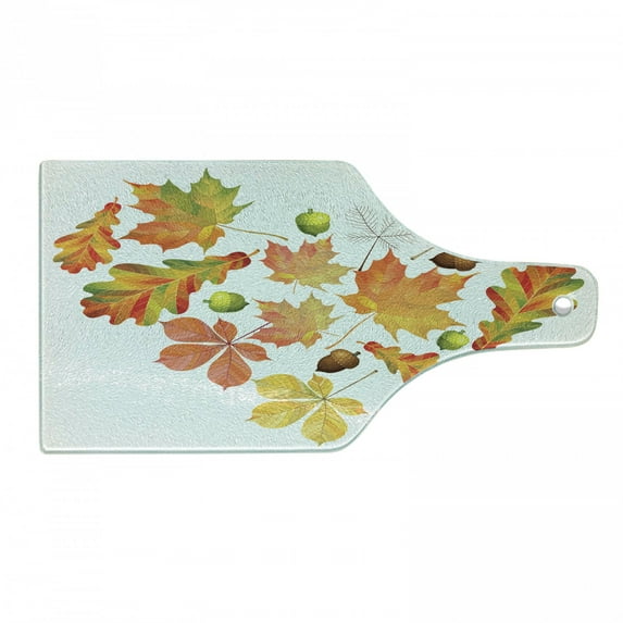 Natural Color Cutting Board, Autumn Love Themed Heart Shape from Fallen Leaves and Acorns Print, Decorative Tempered Glass Cutting and Serving Board, in 3 Sizes, by Ambesonne
