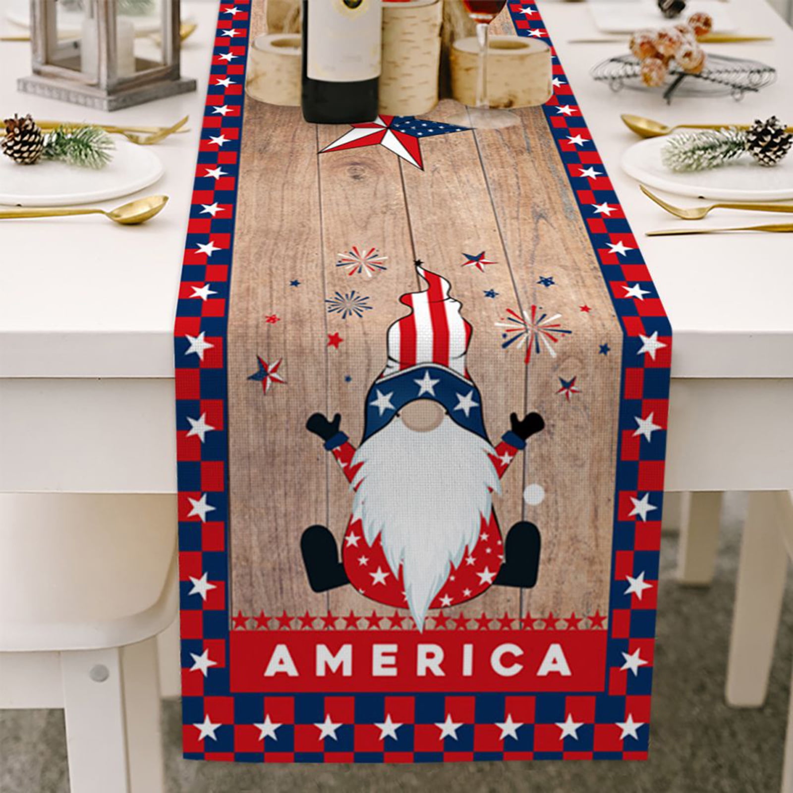 July 4th Table Runner, 13 x 70 Inch Burlap Dinner Runner Kitchen Dining