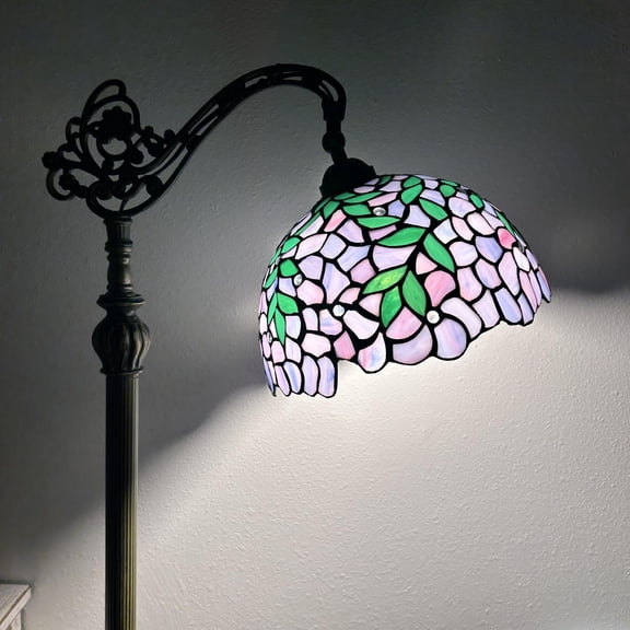 Enjoy Décor Lamps Tiffany 1-Light Bronze Gooseneck Floor Lamp with Stained Glass Purple Leaves Bowl Shade