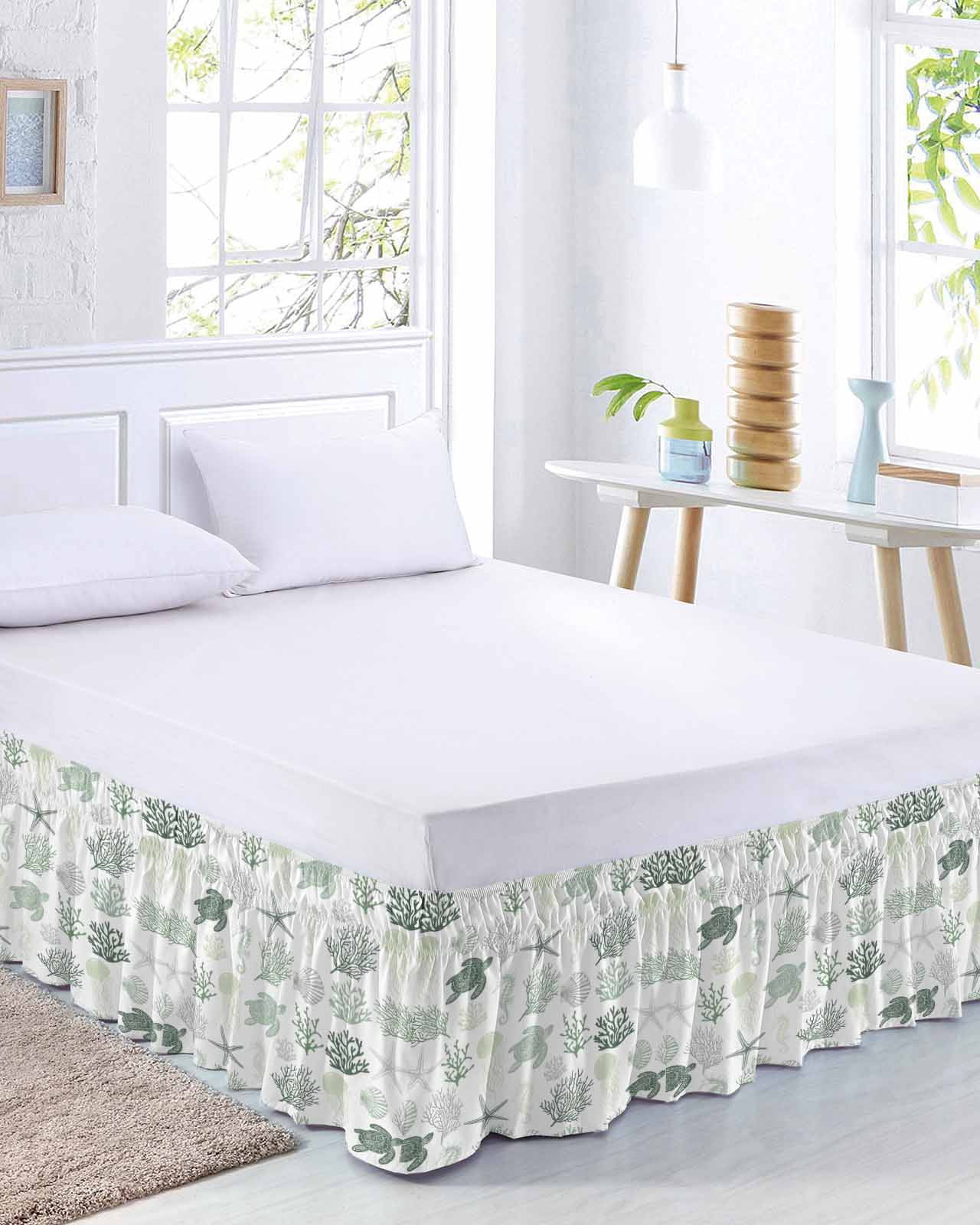 Sage Green Coastal Bed Skirt Queen Size, Nautical Summer Beach Coral Sea Turtle Wrap Around Bed Skirting with Adjustable Elastic Strap, Dust Ruffle Pleated Bedskirts 16 Inch Drop for Bedroom Beds