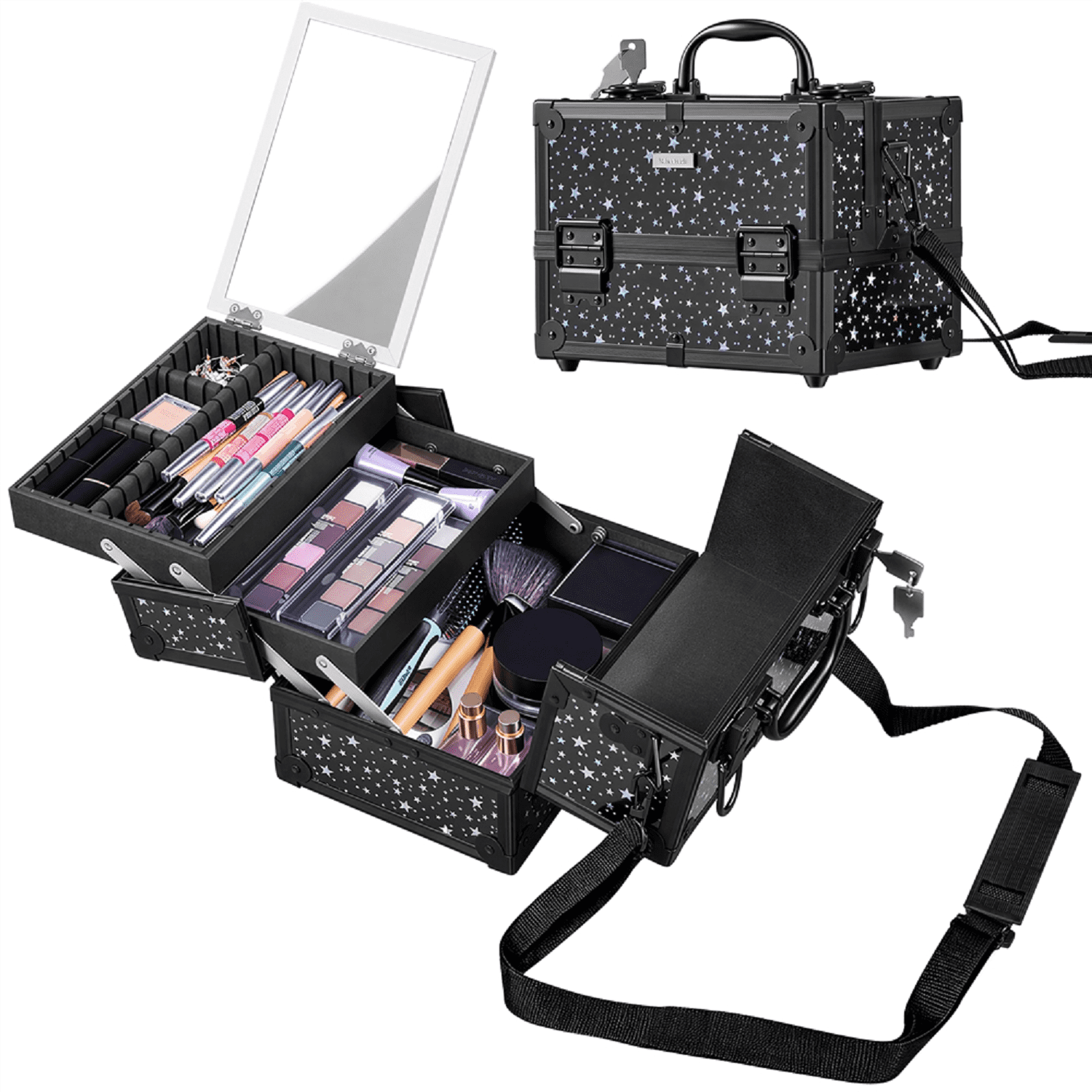 Renwick Portable Makeup Train Case with Mirror and 2 Trays  Black