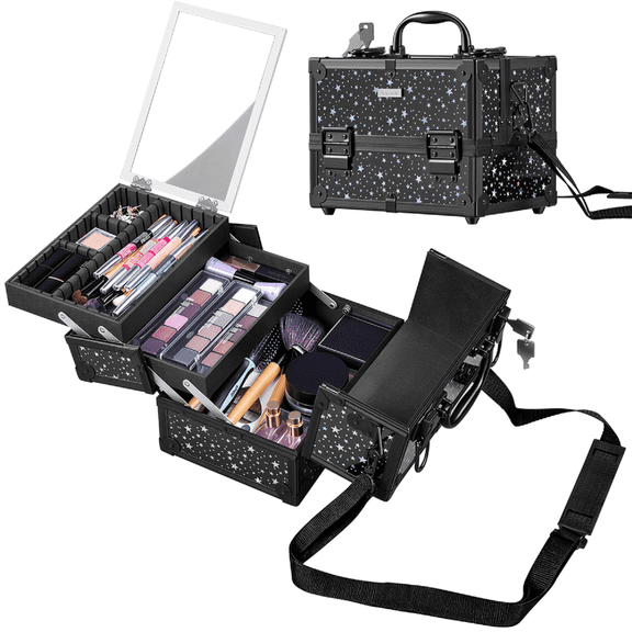 Renwick Portable Makeup Train Case with Mirror and 2 Trays, Black