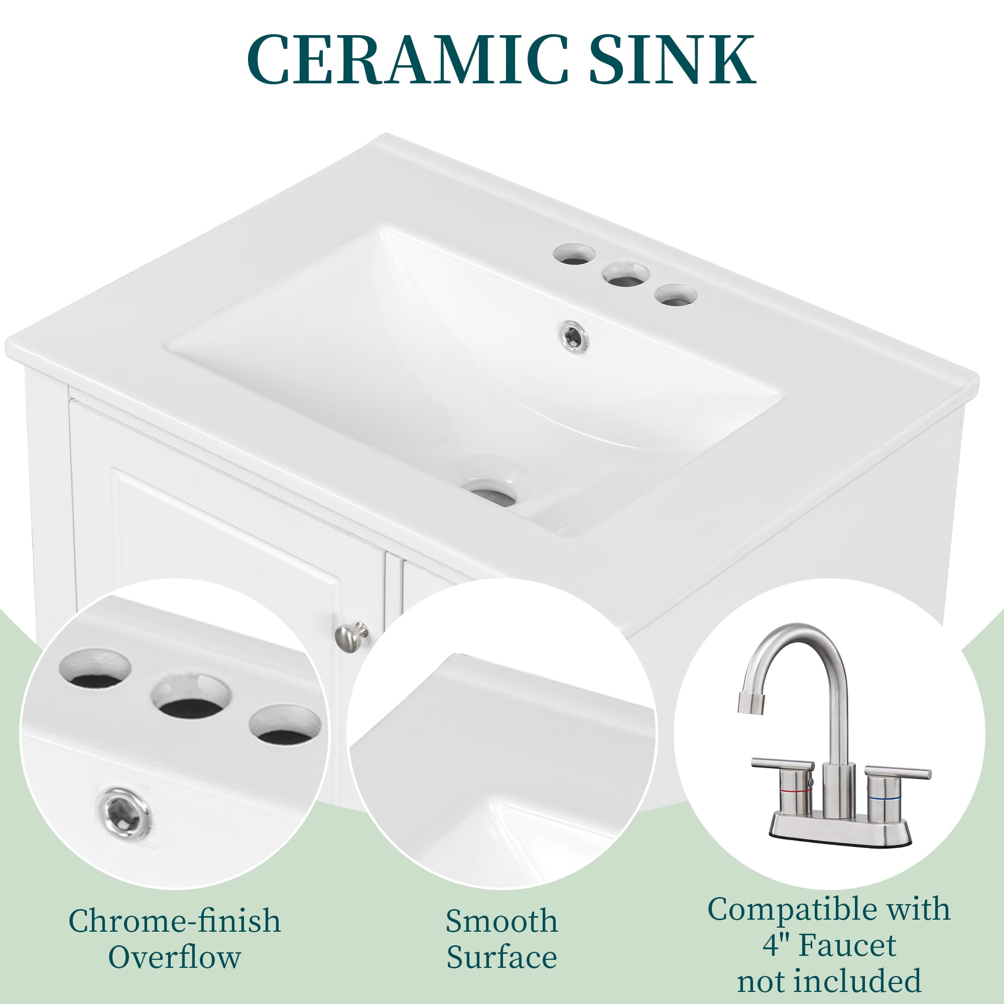 Euroco 24” Bathroom Vanity with Sink Combo, Freestanding Cabinet with 3 Drawers and Side Storage,MDF & Poplar Wood, Ceramic Top with Integrated Sink