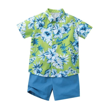 

Summer Thin Boys Floral Print Loose Lapel Shirt Solid Color Shorts Two Piece Set Baby Clothes