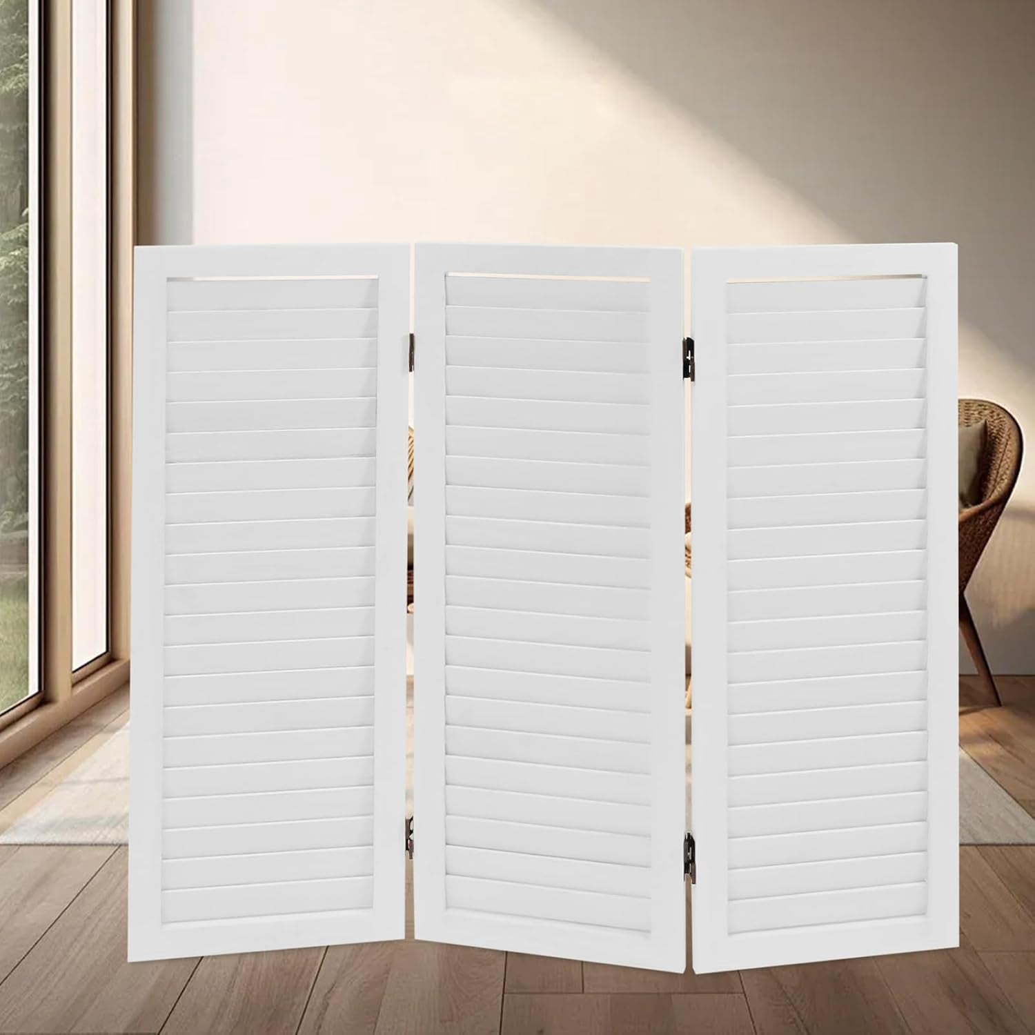 3 Panel Room Divider Screen, Freestanding Folding Wood Room Partition, 2.6ft Tall Shutters Privacy Partition, Foldable Divider for Room Separation for Home, Bedroom, Office, Living Room (White)