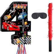 Harrycle Race Car Piñata Pull String Cars Piñatas for Birthday Party Decorations Number 2 3 4 5 6 with Blindfold Stick Small Red Black Racing Theme 2nd 3rd 4th 5th 6th Party Supplies(Number 4) A101