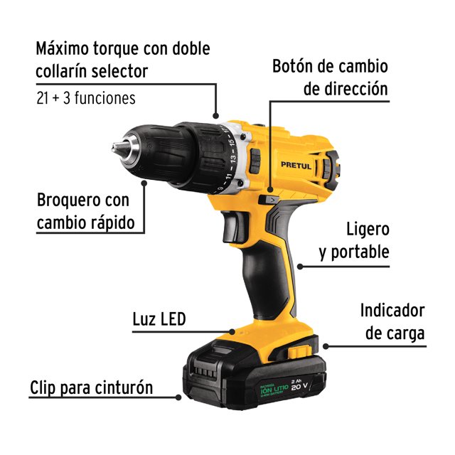 Kit taladro 1/2", 20V, 1 batería 2Ah, 32 accesorios