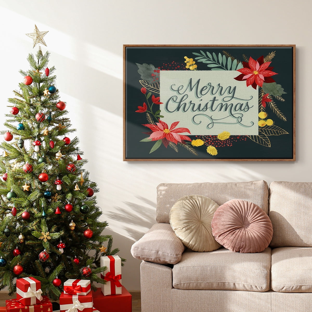 Bright Christmas Night I - Framed Gallery Wrapped Holiday Canvas - 17 x 25 - Rosewood Frame