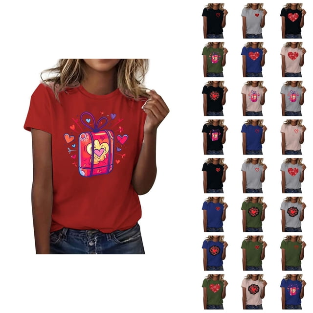 T-shirts pour Femmes de la Saint-Valentin 2026 Mode Manches Courtes Col Rond avec Cœur Graphique