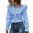 thumbnail image 1 of Camisa de mujer con botones de una sola fila, cuello vuelto, manga larga tipo farol, blusa de rayas empalmada con volantes, azul M, 1 of 7