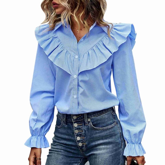 Camisa de mujer con botones de una sola fila, cuello vuelto, manga larga tipo farol, blusa de rayas empalmada con volantes, azul M