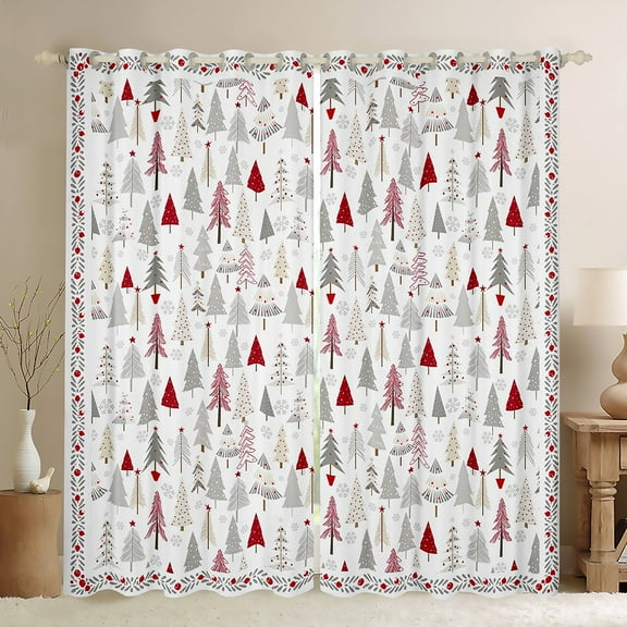 Homewish Colorful Xmas Tree Black Out Curtains,Merry Christmas Curtains Pack of 2 (42x63 Each),Gray White Red Bedroom Curtains For Girls Kids,Super Cozy Room Decor