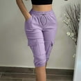 thumbnail image 4 of Ecqkame Women Cargo Half Shorts Pants High Waisted Stretchy Five Quarter Pants Summer Solid Color Pants with Pockets Purple XL, 4 of 9