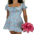 thumbnail image 1 of Femmes Floral Puff Sleeve Mini Robe Cordon Ruché Cou Carré une Ligne Robe Courte d'Été, 1 of 3