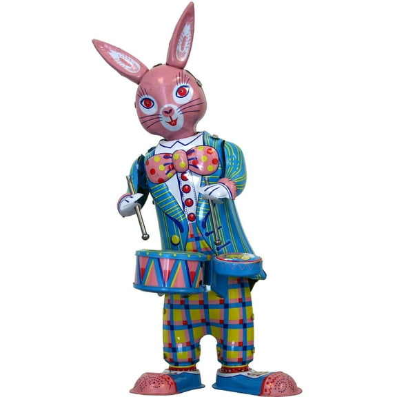 Alexander Taron Bunny Drummer Collectible Key Wind Tin Toy - 8.5" - Pink and Blue