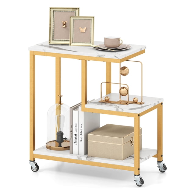 Costway 1 PCS Table d'Appoint Moderne en Forme de g avec Étagères de Rangement et Roulettes Verrouillables pour Salon Blanc