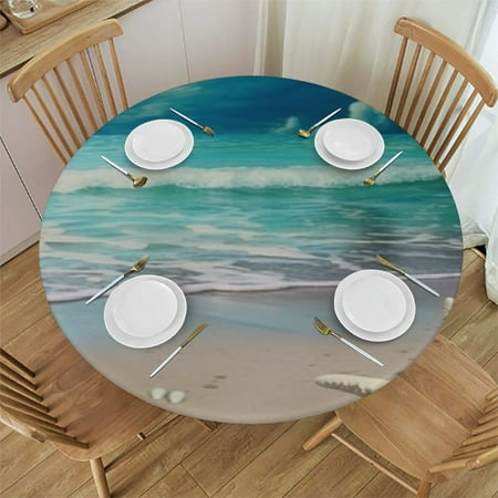 

JEUXUS Round Tablecloth Fitted Table Cover Beach Starfish Shell Summer Blue Ocean Waterproof Table Cloth with Elastic Edge Nautical Conch Seaside Vacation Washable Tablecloths for Kitchen Outdoor