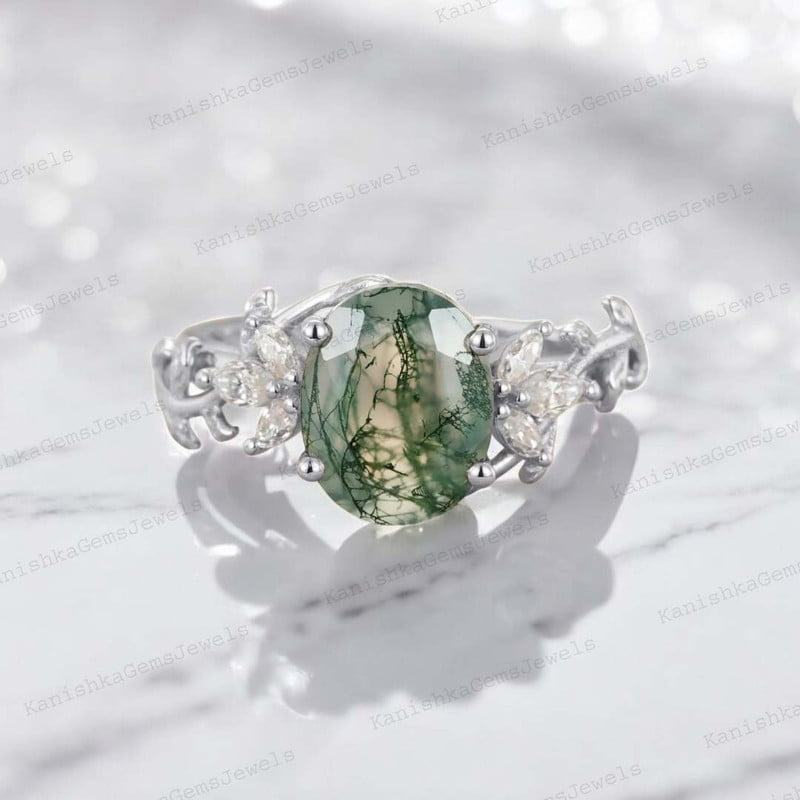 KANISHKAGEMS&JEWELS 2Ct 8x6mm / Natural Moss Agate Engagement Ring CZ Diamond Twig Ring Nature Inspired Women Jewelry Proposal Gift Ring for Lover