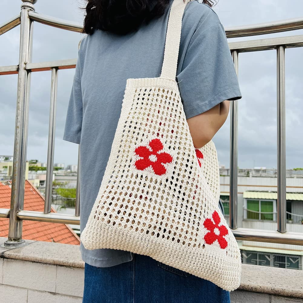 CoCopeaunt Crochet Bags for Women Knitted Tote Bag Faircore Hobo Bag Aesthetic Fairy Grunge Tote Bag Hollow Shoulder Handbags