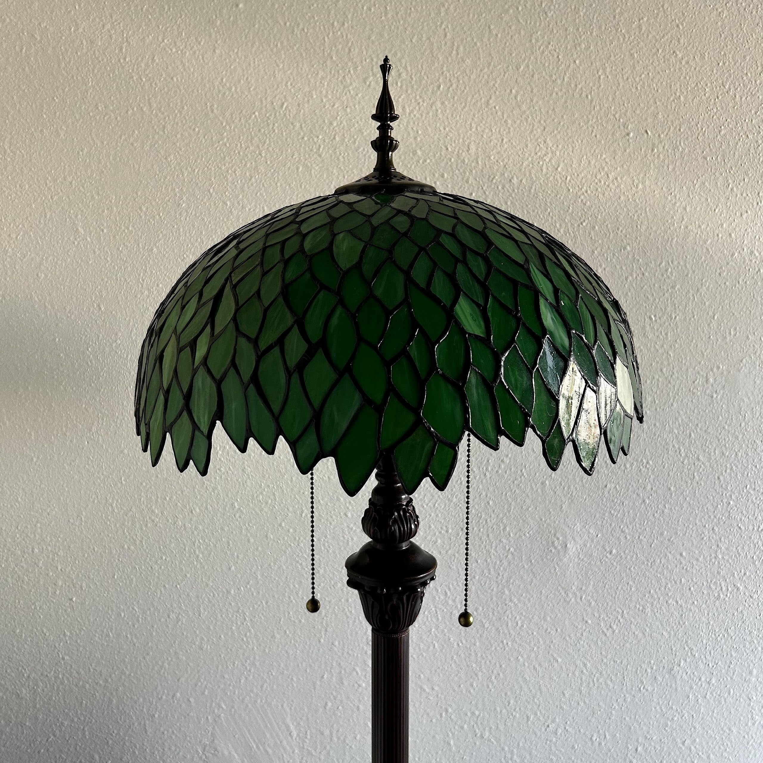 Tiffany Floor Lamp Green Leaves Stained Glass Metal Base LED Bulbs Included for Living Room Bedroom 16"W*16"D*64"H