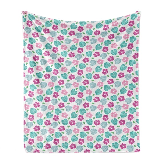 Tropical Soft Flannel Fleece Throw Blanket, Flowers and Leaves Scattered on a Plain Background, Cozy Plush for Indoor and Outdoor Use, 50" x 70", Pink Turquoise, by Ambesonne