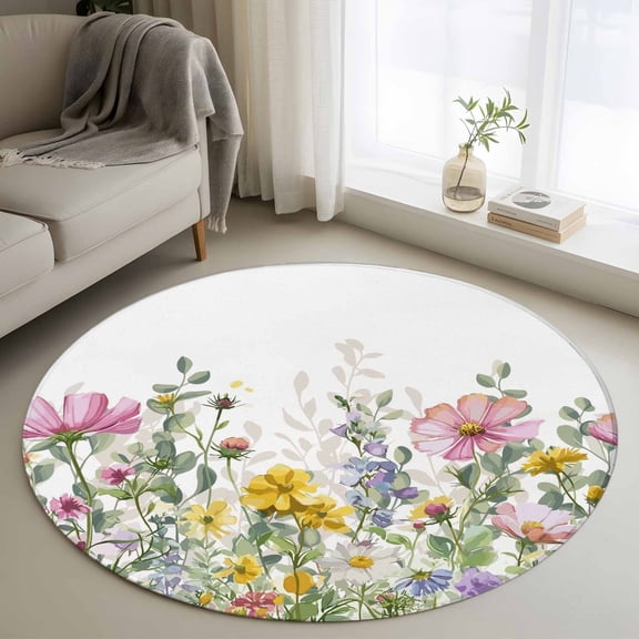 Round Area Rug 3 Ft, Spring Floral Washable Non-Slip Circle Carpet for Living Room/Bedroom, Watercolor Flower Eucalyptus Leaves Botanical Low-Profile Small Floor Mats Collection Rugs for Indoor