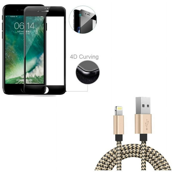 iPhone 8/7/6S/6 - 6ft USB Cable w Tempered Glass Screen Protector - Charger Cord Power Wire Sync, 4D Touch Curved Edge Full Cover Bubble Free Case Friendly for iPhone 8/7/6S/6
