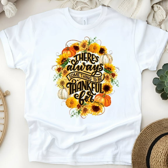 Faith & Gratitude Shirt – Something to Be Thankful For Scripture Tee, Autumn Floral Design, White, Size S