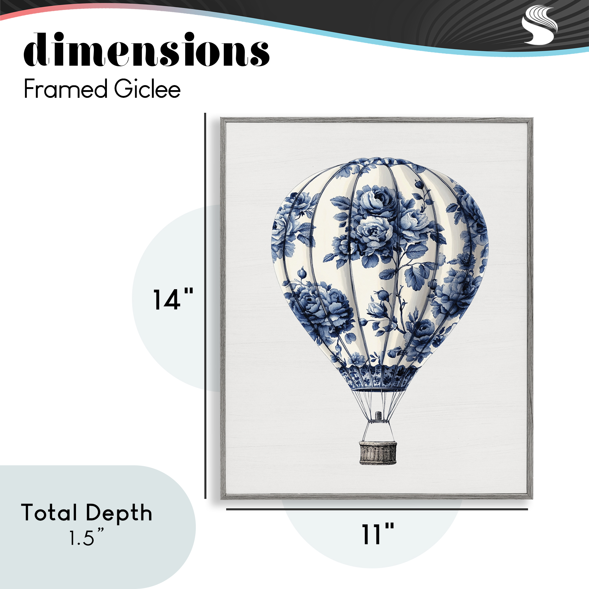 Vintage Toile Hot Air Balloon Gray Framed Giclee Art, design by Lettered and Lined