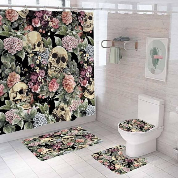 4PCS Skull Shower Curtain Sets with Rugs, Waterproof Fabric Shower Curtain, Green Leaf Skeleton Horror Halloween Cool Gothic Bathroom Decor for Men Teen Boys, Non-Slip Bath Mat Bathroom Rugs
