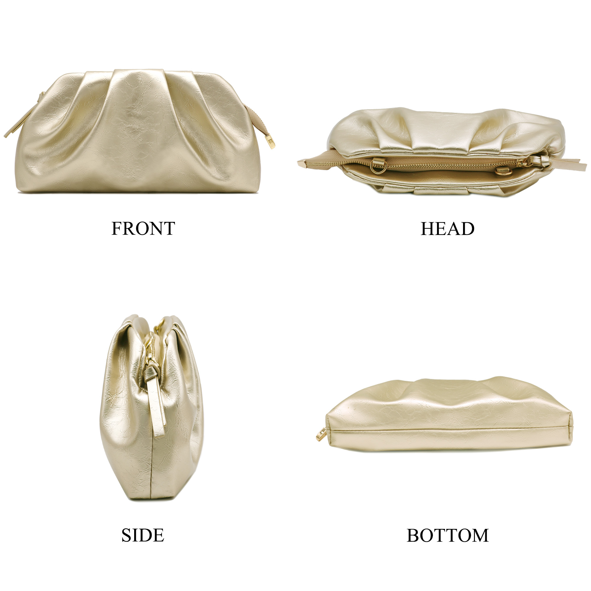Milisente Women's Pleated Cloud Clutch Bag Shiny PU Leather Evening Purse Detachable Shoulder Strap For Wedding Prom Party(Gold)
