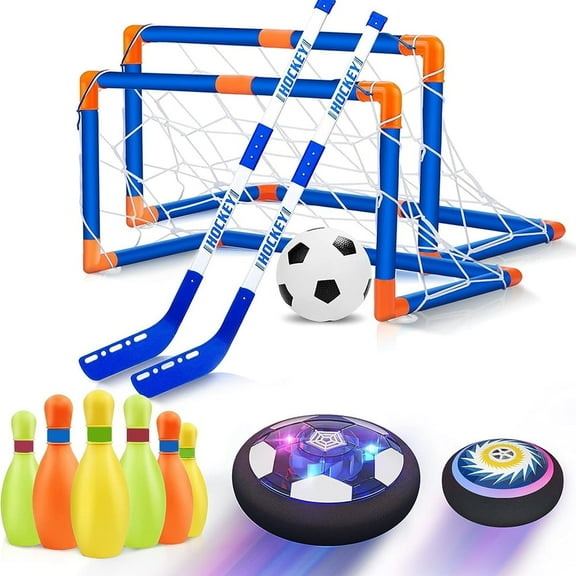 Hover Hockey Set for Kids, 3-in-1 Hover Soccer Ball Bowling Toy Set, USB Rechargeable Air Floating Soccerr Hockey Ball with LED Light, Indoor Outdoor Sport Games for Boys Girls 3-12 Years Old