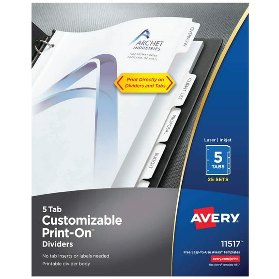 Avery Customizable Print-On Dividers, 5 Tabs, 25 Sets (11517)