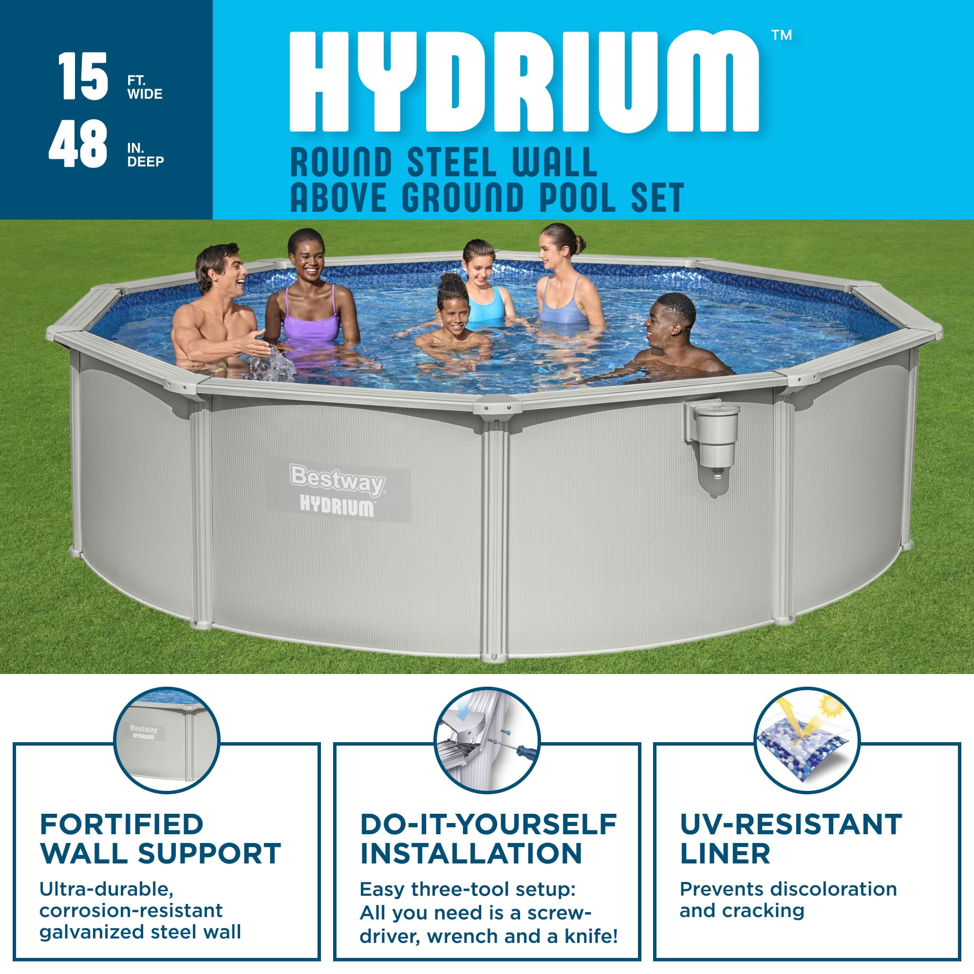 Bestway Hydrium 15' x 48" Steel Side Wall Above Ground Pool w/ Sand Pump & Accessories