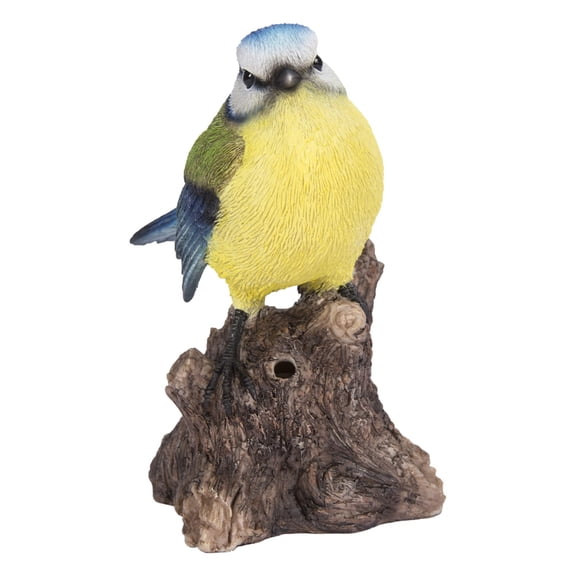 5.25" Motion Activated Singing Bird Blue Tit Standing on Stump Outdoor Garden Statue