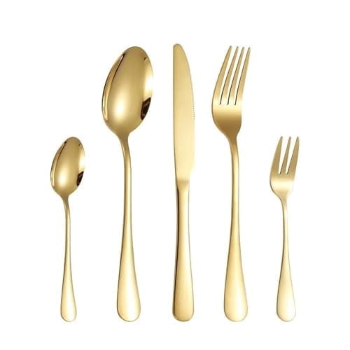 Gold Silverware Set, 5 Piece Golden Cutlery Set Service for 1, Stainless Steel Flatware Set Include Spoons Forks Knives Tableware Utensil Set for Kitchen Home Restaurant, Shiny Gold Polished
