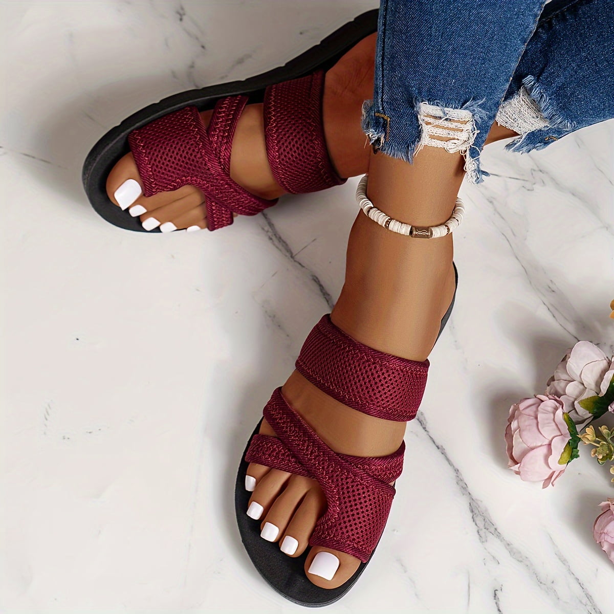 Women s Solid Color Slide Sandals Casual Loop Toe Summer Shoes Lightweight Slide Sandals Walmart