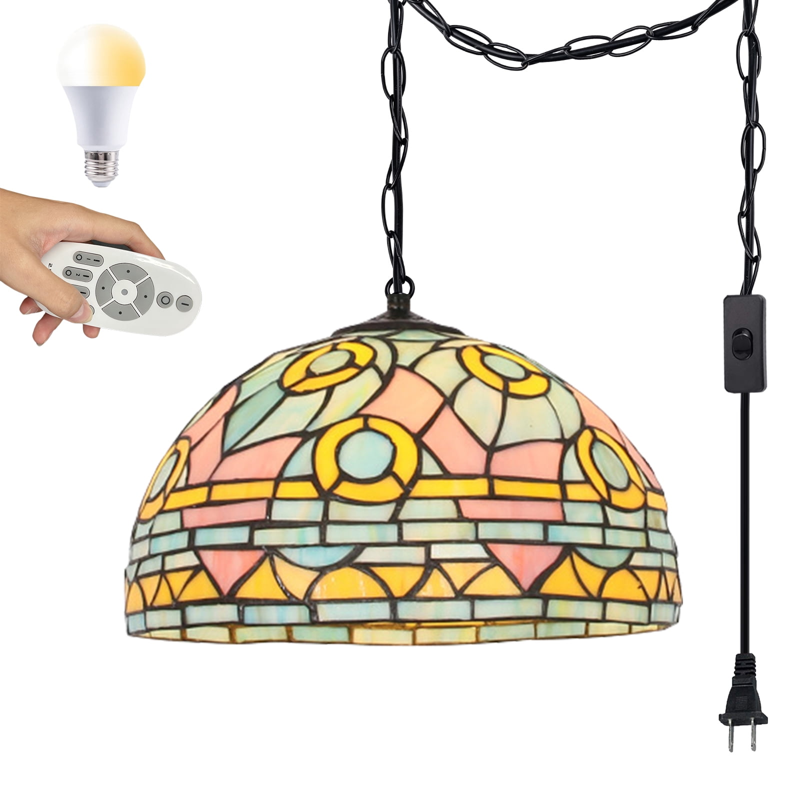 Kiven Plug in Iron Pendant Light, Tiffany Hanging Light with Remote