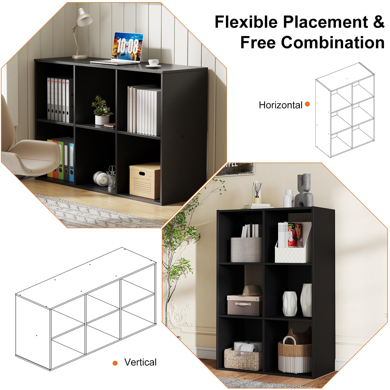 Casabay 6 Cube Storage Organizer, Solid Wood Bookshelf with Compartments & Removable Back Panels for Bedroom, Living Room, Home Office, Black