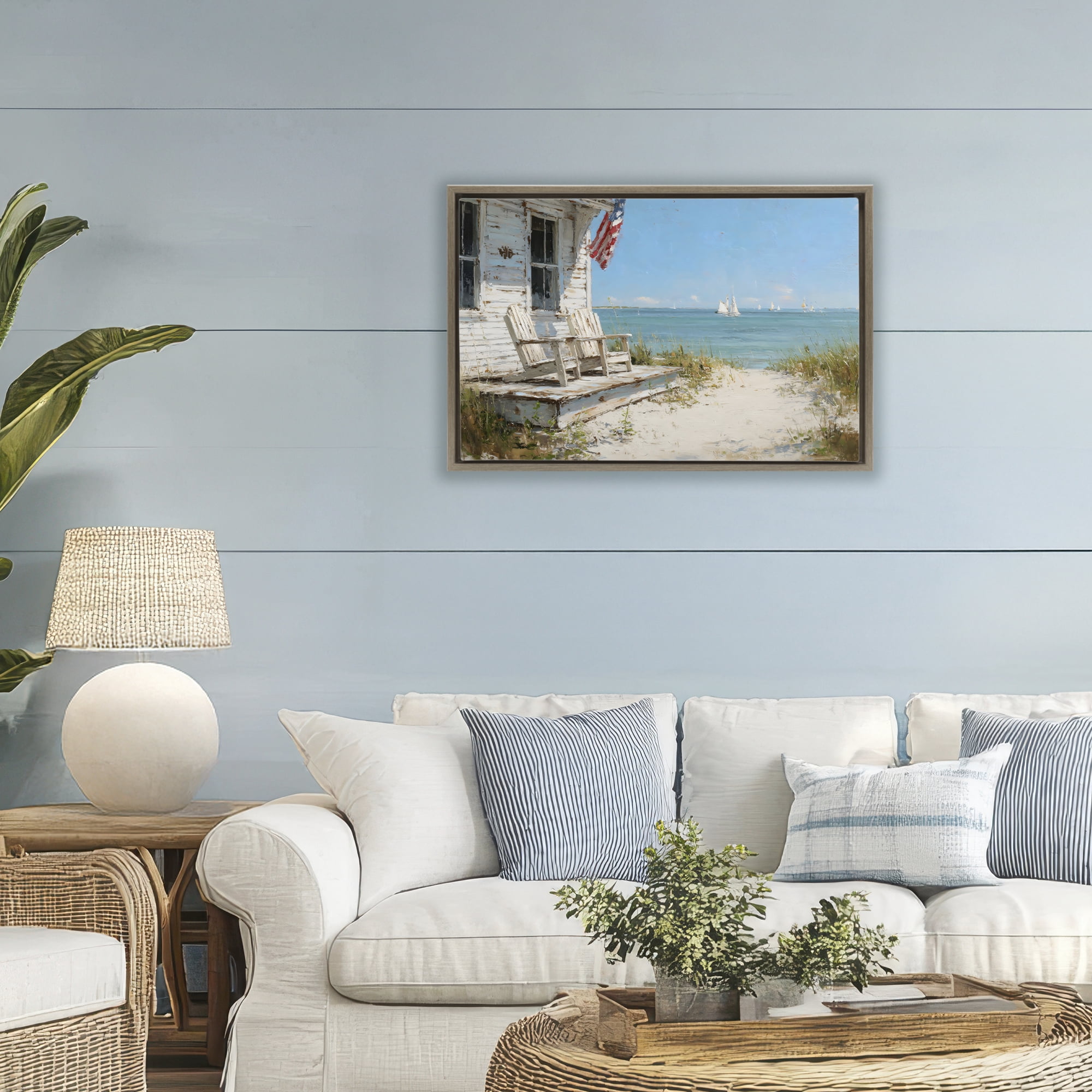 Stupell Industries By The Ocean Cottage Retreat Brown Framed Floater Canvas Wall Art, design by Petal Prints Design