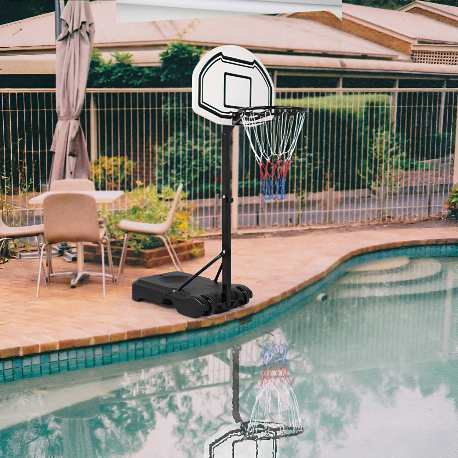 Kadyn 28" x 19" Backboard Adjustable Pool Basketball Hoop, Removable Youth Basketball Stand W/Wheels, White & Black Kadyn 28" x 19" Backboard Adjustable Pool Basketball Hoop, Removable Youth Basketball Stand W/Wheels, White & Black