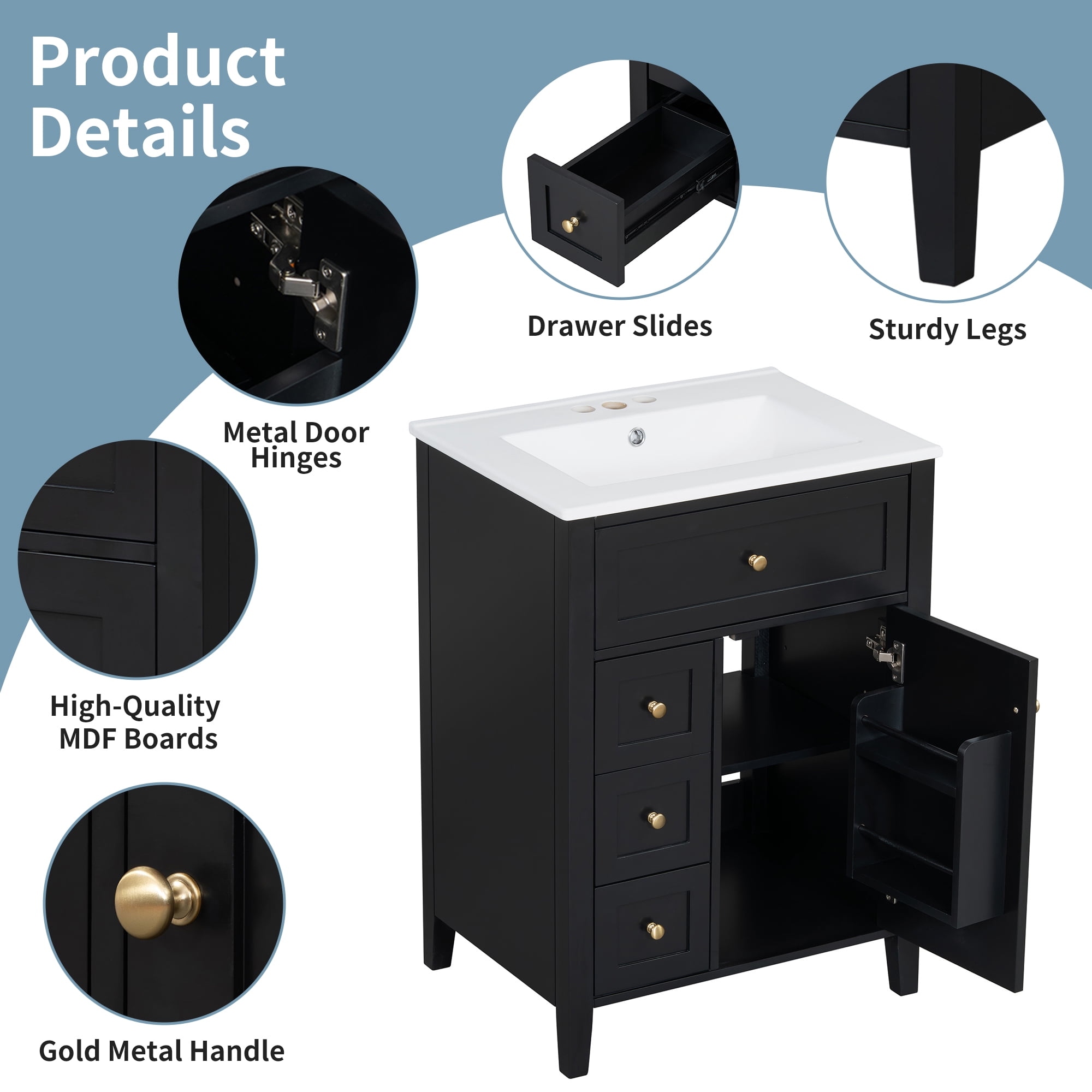 RONSHIN 24-inch Black Bathroom Vanity with Sink, 3 Drawers, Modern Design