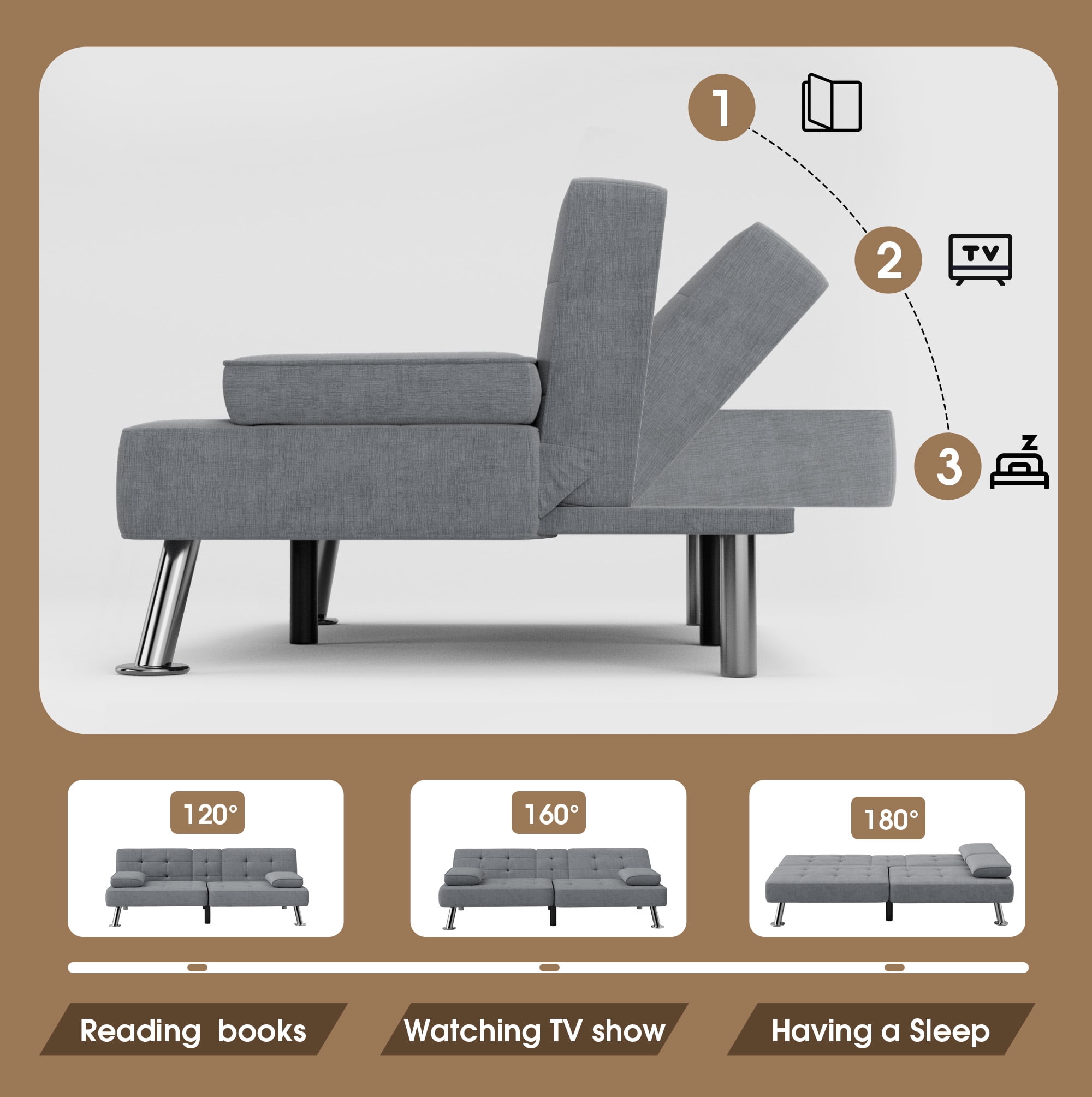 Homall Linen Convertible Futon with Cupholders, Removable Armrests, and Metal Legs, Dark Gray