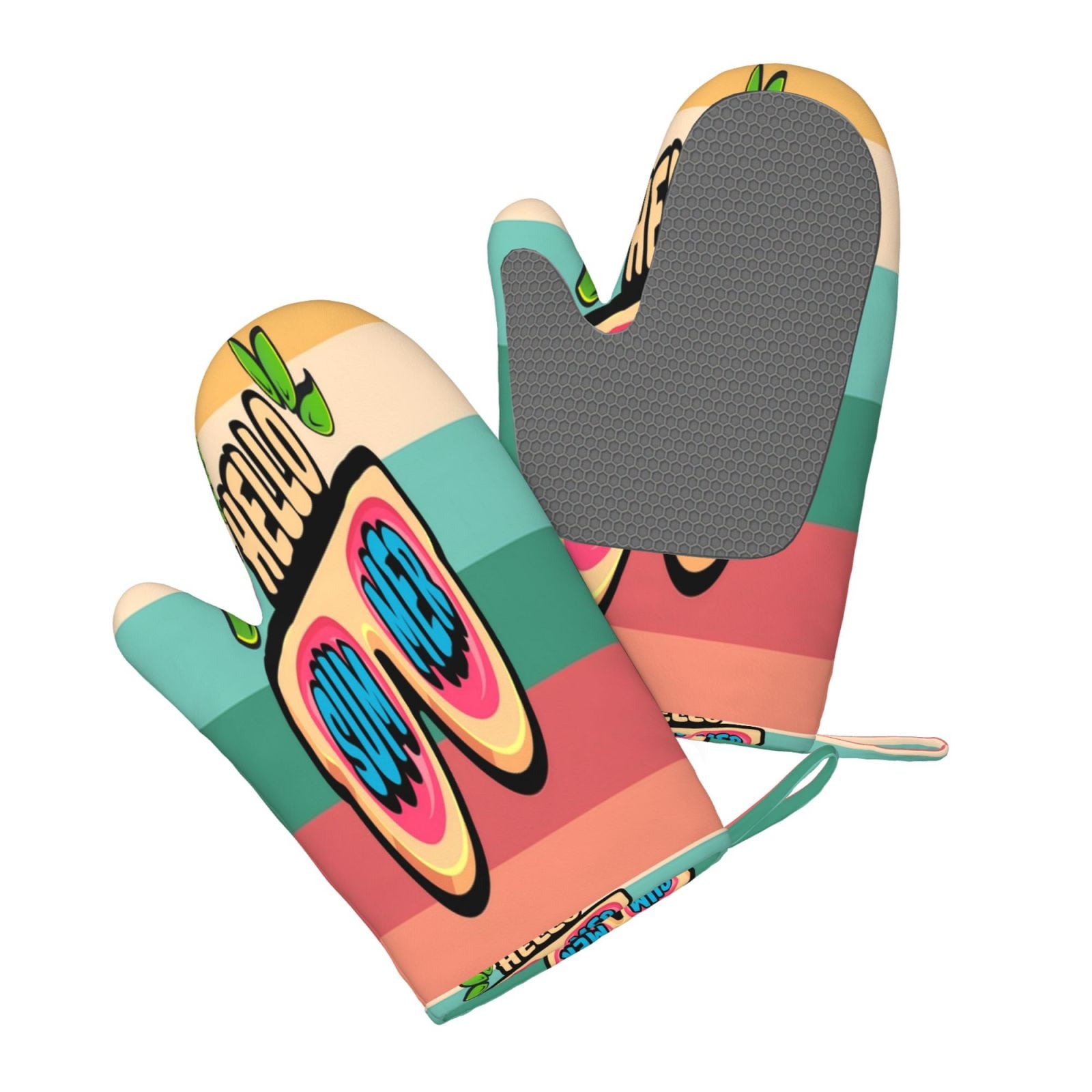 Hirioo Hello Summer for Silicone Oven Mitts for BBQ, Baking, Cooking, Set of 2, Heat Resistant 260℃, Non-Slip Kitchen Essentials