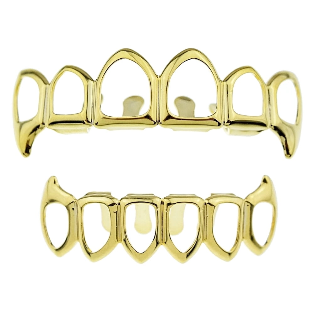 14K Plated Grillz Set Fangs 6 Six Open Face Upper Top And Bottom Lower