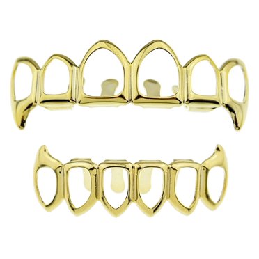 Best Grillz 14k Gold Plated Open Face Grillz – Six Tooth Top & Bottom Hip Hop Teeth Grills Set, Unisex