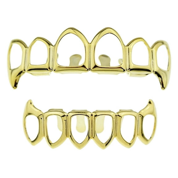 14K Plated Grillz Set Fangs 6 Six Open Face Upper Top And Bottom Lower Fang Teeth Hip Hop Vampire Grills