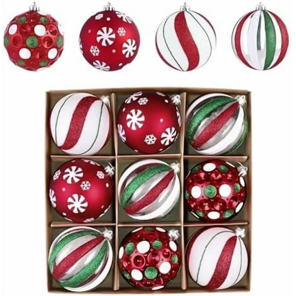 Extra Large Christmas Ornaments Set, 9ct Candy Cane Red Green White Shatterproof Christmas Tree Decorations Set, 3.94 Inch Decorative Hanging Ball Ornaments Bulk for Xmas Holiday Decor